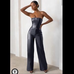 Delilah Navy Faux Leather Strapless Corset Wide Leg Jumpsuit - Club L london